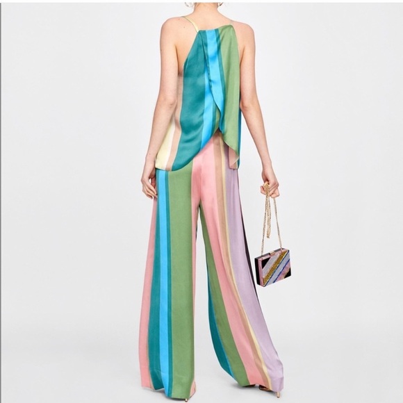 ZARA Pastel Striped Open Back Halter Top & Flowy Palazzo Pants 2pc Coord Set NWT - Picture 7 of 9